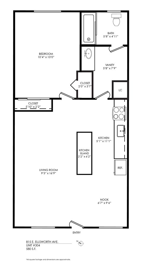 Floor plan for 1 bed, 1 bath, 545 sqft